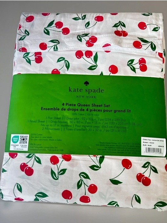kate spade Other - kate spade Cherry Print Cotton Sheet Set in White, Red & Green